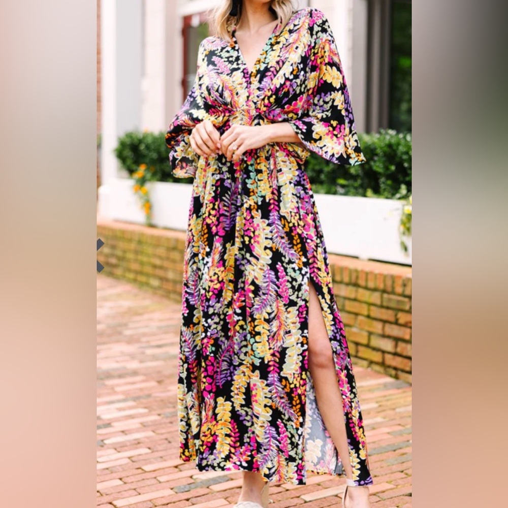 NWT: Floral Maxi Dress with Side Slit - Black Multi